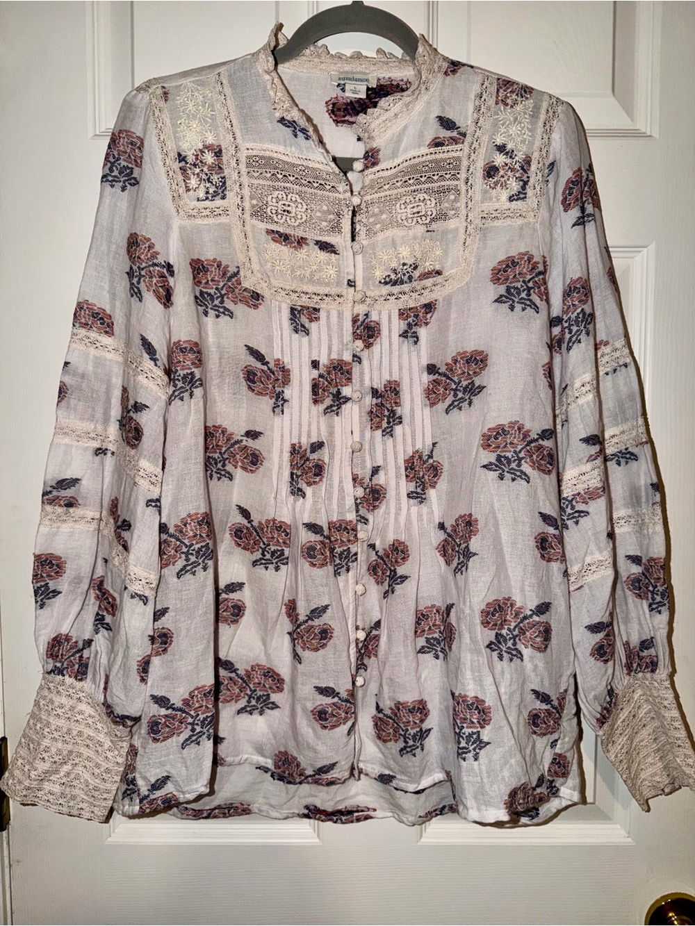 Sundance Torrey Blooms White Floral Lace Yoke Button-Front Peasant Blouse